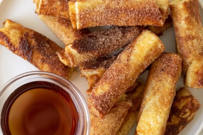 Delicious French Toast Roll-Ups served with syrup and strawberries