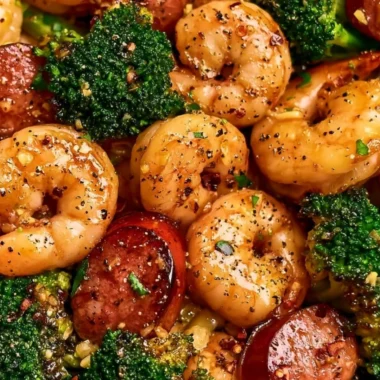 Honey Garlic Shrimp with Chicken Sausage and Broccoli dish