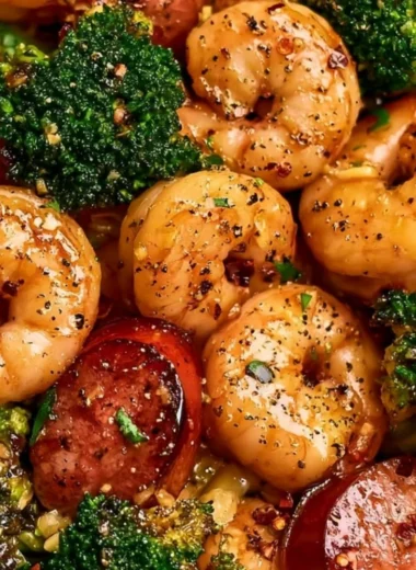 Honey Garlic Shrimp with Chicken Sausage and Broccoli dish
