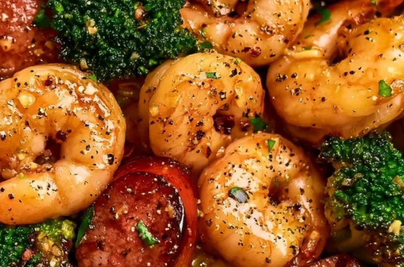 Honey Garlic Shrimp with Chicken Sausage and Broccoli dish