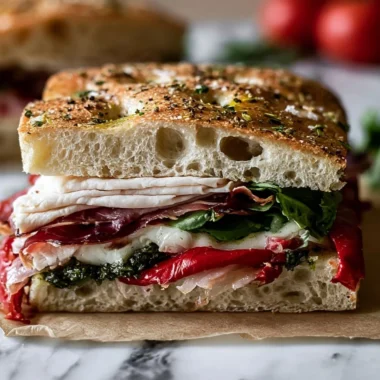 Italian Turkey Focaccia Sandwiches with fresh ingredients and herbs