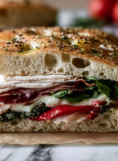 Italian Turkey Focaccia Sandwiches with fresh ingredients and herbs
