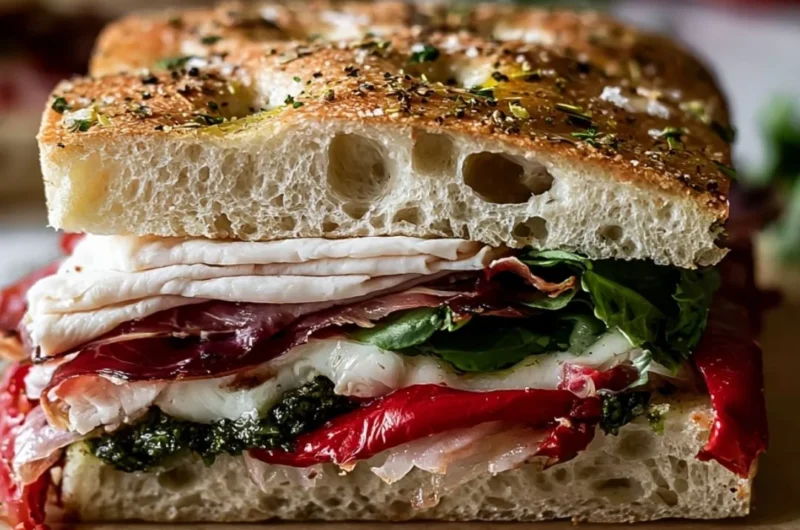 Italian Turkey Focaccia Sandwiches with fresh ingredients and herbs