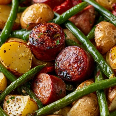 One Pan Sausage, Green Beans, and Potatoes dish ready to serve