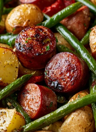 One Pan Sausage, Green Beans, and Potatoes dish ready to serve