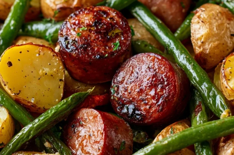One Pan Sausage, Green Beans, and Potatoes dish ready to serve