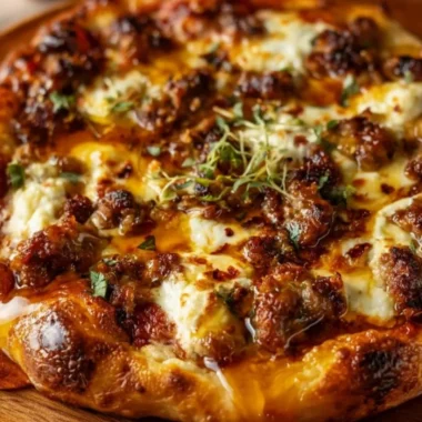 Sweet and spicy sausage ricotta honey pizza fresh out of the oven