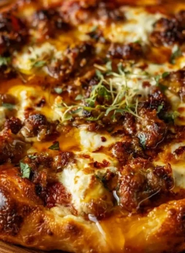 Sweet and spicy sausage ricotta honey pizza fresh out of the oven