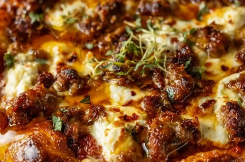 Sweet and spicy sausage ricotta honey pizza fresh out of the oven