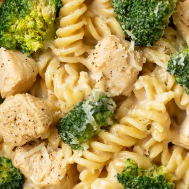 Delicious chicken broccoli pasta dish served in a cozy setting