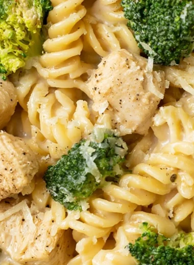 Delicious chicken broccoli pasta dish served in a cozy setting