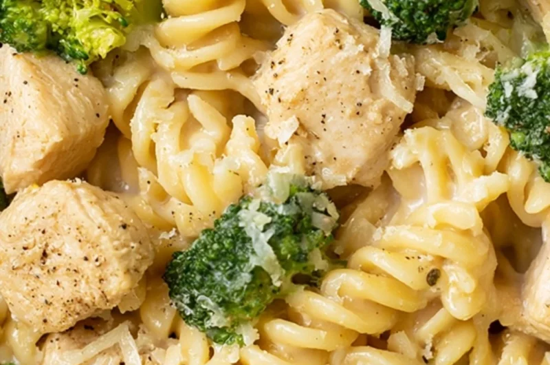 Delicious chicken broccoli pasta dish served in a cozy setting