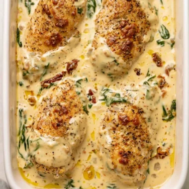 Delicious Baked Tuscan Chicken Breast garnished with herbs and tomatoes
