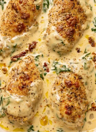 Delicious Baked Tuscan Chicken Breast garnished with herbs and tomatoes