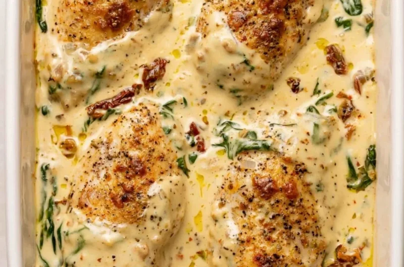 Delicious Baked Tuscan Chicken Breast garnished with herbs and tomatoes