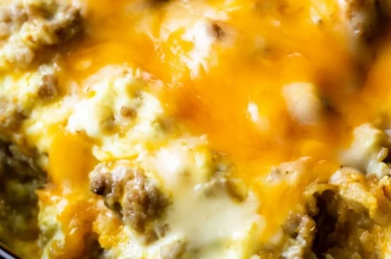 Delicious Cheesy Sausage Hashbrown Breakfast served with eggs