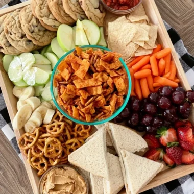 Cozy after school snack board filled with tasty treats and snacks for kids.