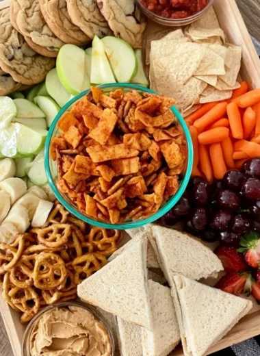 Cozy after school snack board filled with tasty treats and snacks for kids.