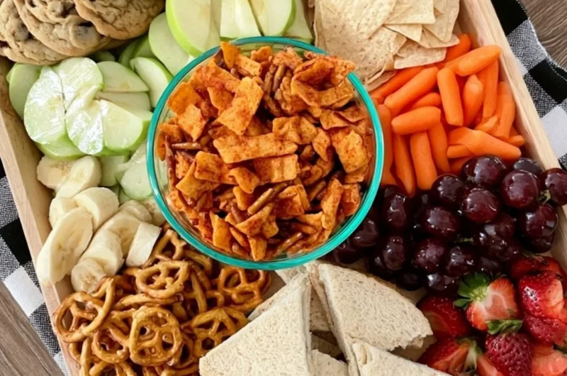Cozy after school snack board filled with tasty treats and snacks for kids.