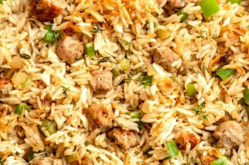 Cozy Cajun dirty rice with sausage in a bowl, showcasing its vibrant flavors.