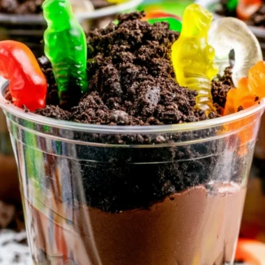 Delicious and fun cozy Dirt Cups dessert with chocolate and gummy worms