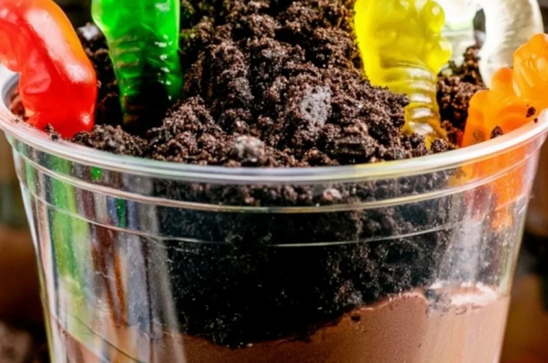 Delicious and fun cozy Dirt Cups dessert with chocolate and gummy worms
