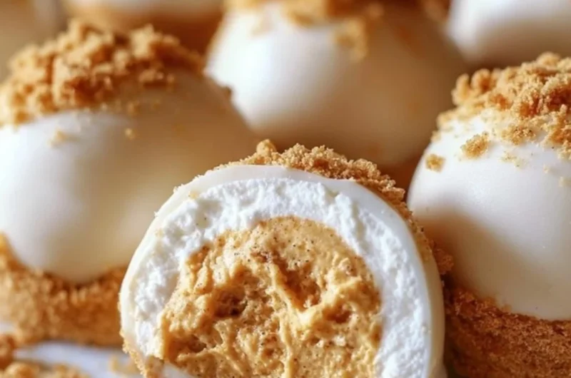 No bake pumpkin cheesecake balls covered in graham cracker crumbs.
