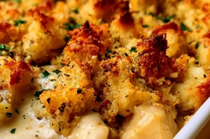 Delicious easy chicken casserole baked in a creamy sauce with vegetables.