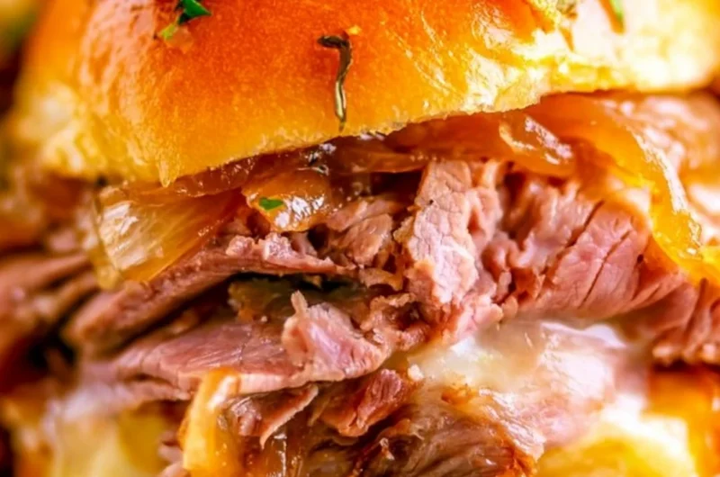 Delicious French Dip Sliders with tender beef and melted cheese