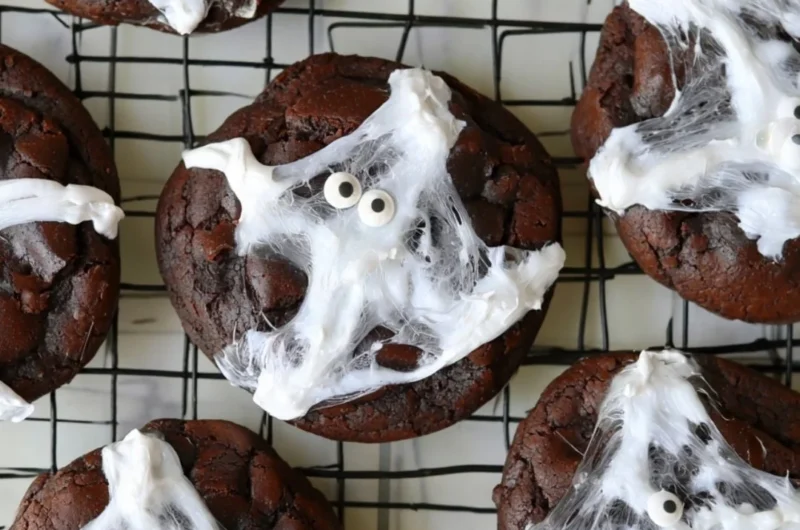 Delicious Halloween double chocolate spider web cookies decorated with icing.