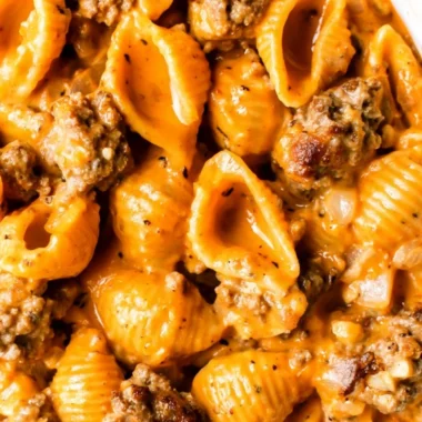 Bowl of homemade hamburger helper with ground beef and pasta