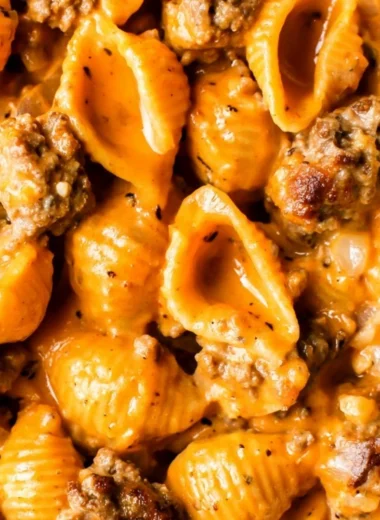 Bowl of homemade hamburger helper with ground beef and pasta