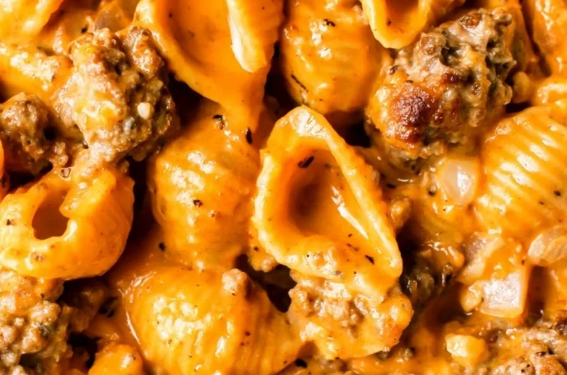 Bowl of homemade hamburger helper with ground beef and pasta