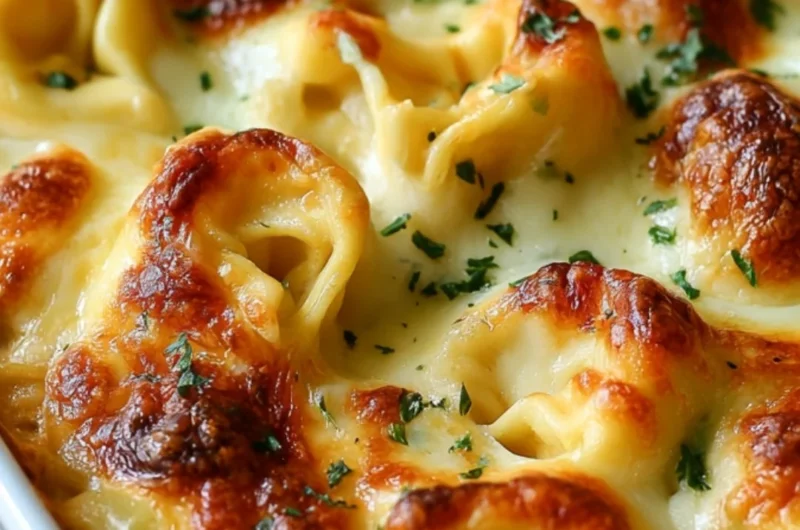 Delicious Million Dollar Baked Tortellini Casserole topped with melted cheese
