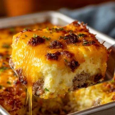 Sausage, Egg, and Cream Cheese Hashbrown Casserole served in a baking dish