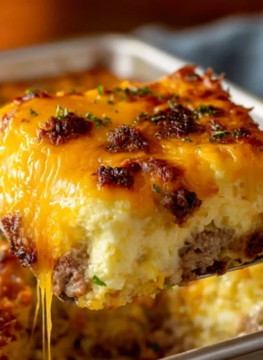 Sausage, Egg, and Cream Cheese Hashbrown Casserole served in a baking dish