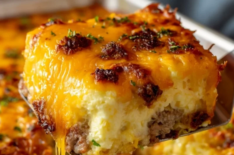 Sausage, Egg, and Cream Cheese Hashbrown Casserole served in a baking dish