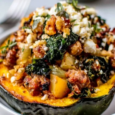Stuffed acorn squash with turkey, cranberries, and rice on a plate