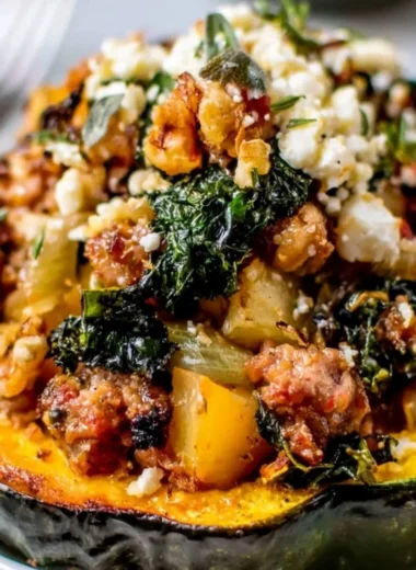 Stuffed acorn squash with turkey, cranberries, and rice on a plate