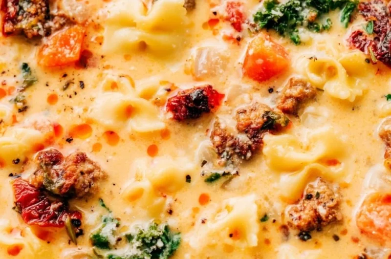 Warm bowl of Italian sausage pasta soup garnished with fresh herbs