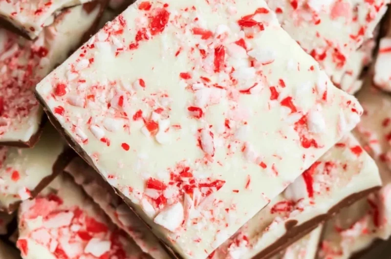 Delicious 3 ingredient peppermint bark on a festive plate