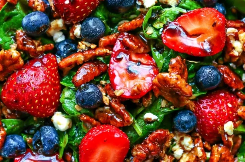 Delicious strawberry spinach salad with blueberries, pecans, and feta cheese