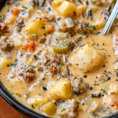 Bowl of creamy potato sausage chowder garnished with herbs in a rustic setting.