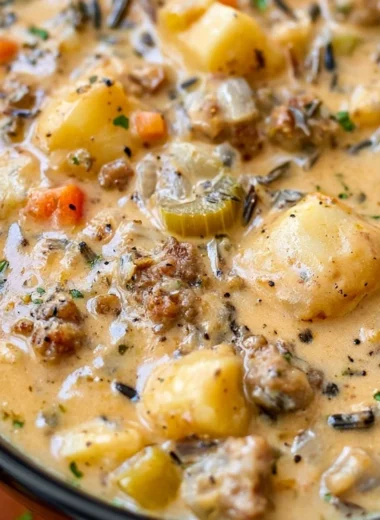 Bowl of creamy potato sausage chowder garnished with herbs in a rustic setting.