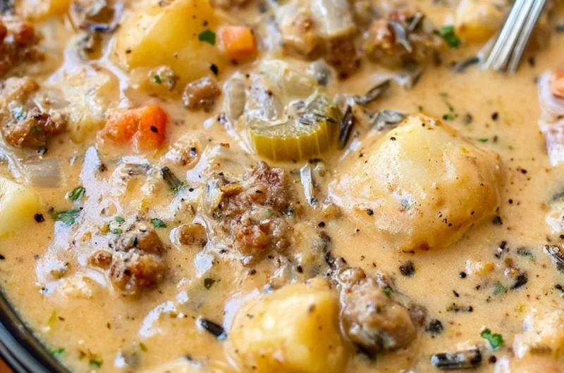 Bowl of creamy potato sausage chowder garnished with herbs in a rustic setting.