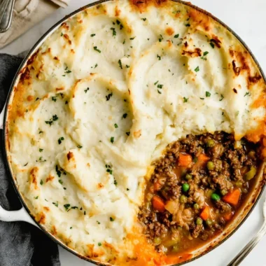 Delicious homemade Shepherd's Pie topped with golden mashed potatoes