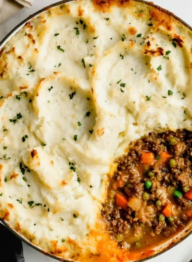 Delicious homemade Shepherd's Pie topped with golden mashed potatoes