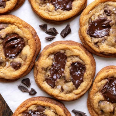 Freshly baked brown butter chocolate chip cookies on a cooling rack