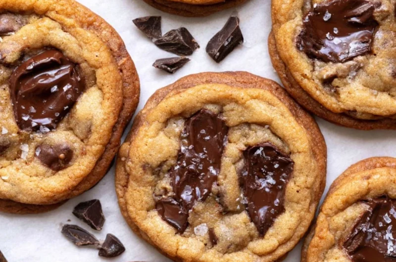 Freshly baked brown butter chocolate chip cookies on a cooling rack