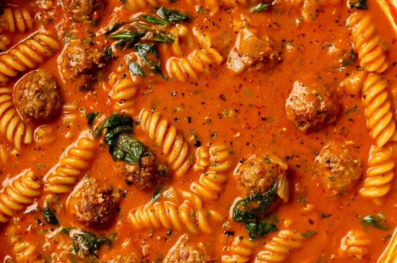 Bowl of creamy Italian meatball soup with fresh herbs and crusty bread